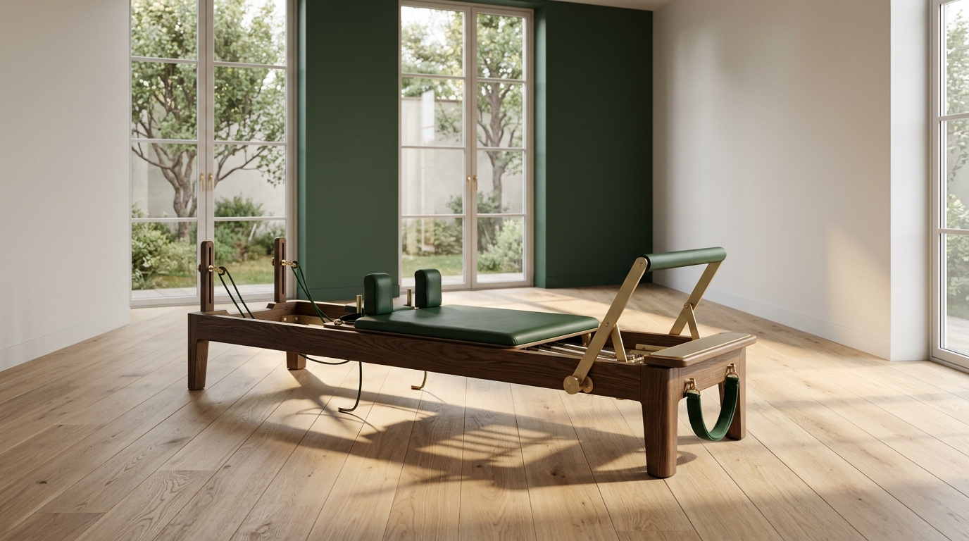 Clean luxury wooden Reformer setup detail