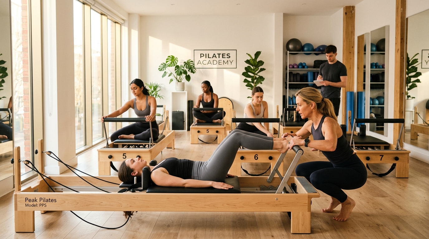 Student teachers training on reformer floor guided by lead tutor