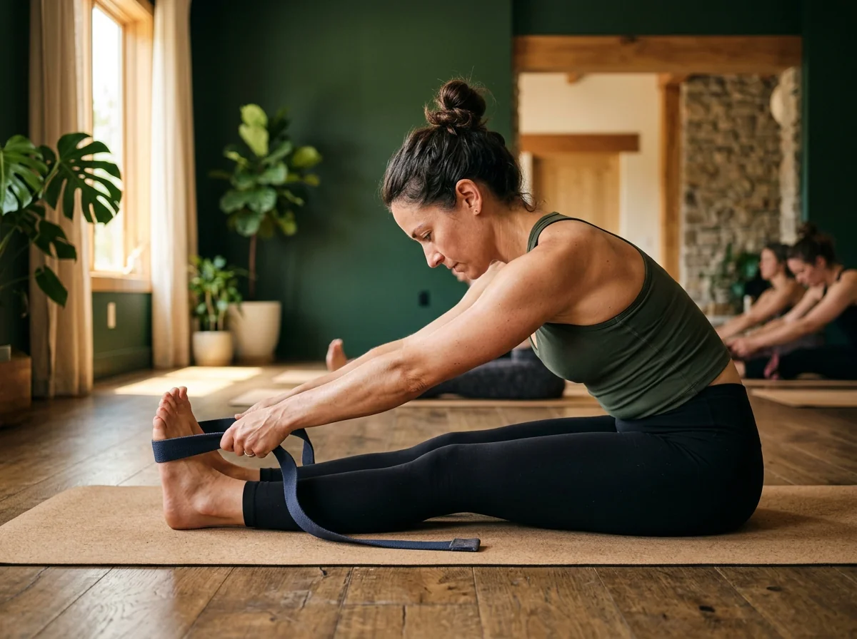 Belt assisted alignment yoga stretch